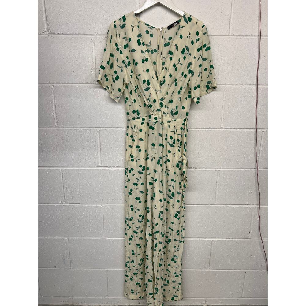 Tara Jarmon FR 36 US 4 Cream Green Cali Cherry Print Wide Leg Jumpsuit 1 PC - Picture 3 of 7